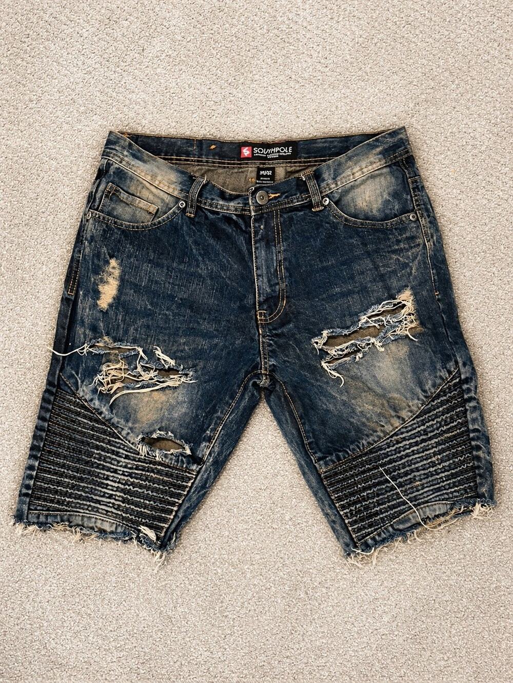 Southpole Mens Distressed Moto Denim Shorts Ripped Biker Jorts Blue Size 34/32